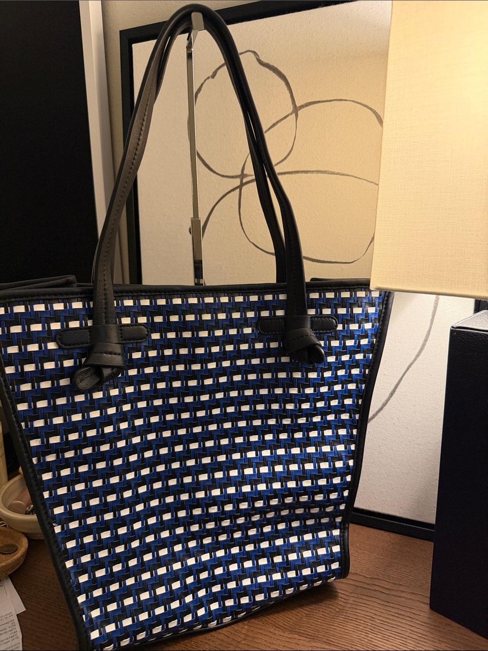 J. McLaughlin Blue, White & Black Woven Tote